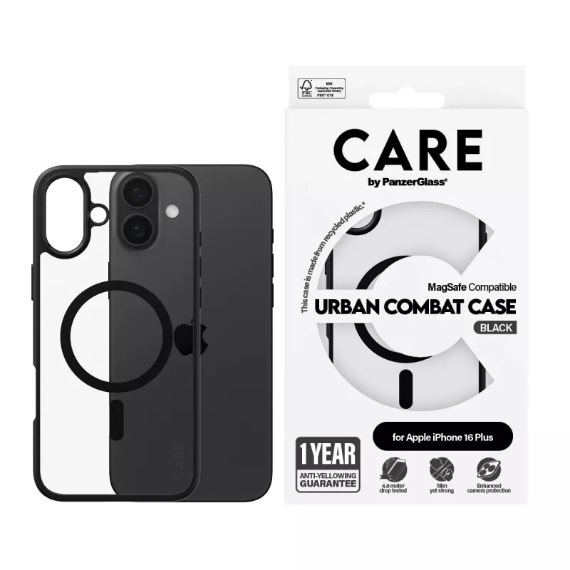 PanzerGlass CARE™ by ® Urban Combat Case transparant met zwarte rand & MagSafe voor iPhone 16 Plus