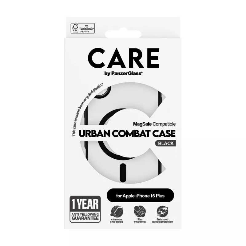 PanzerGlass CARE™ by ® Urban Combat Case transparant met zwarte rand & MagSafe voor iPhone 16 Plus