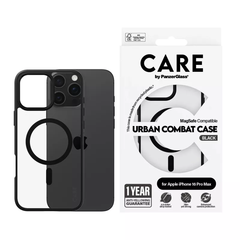 PanzerGlass CARE™ by ® Urban Combat Case transparant met zwarte rand & MagSafe voor iPhone 16 Pro Max