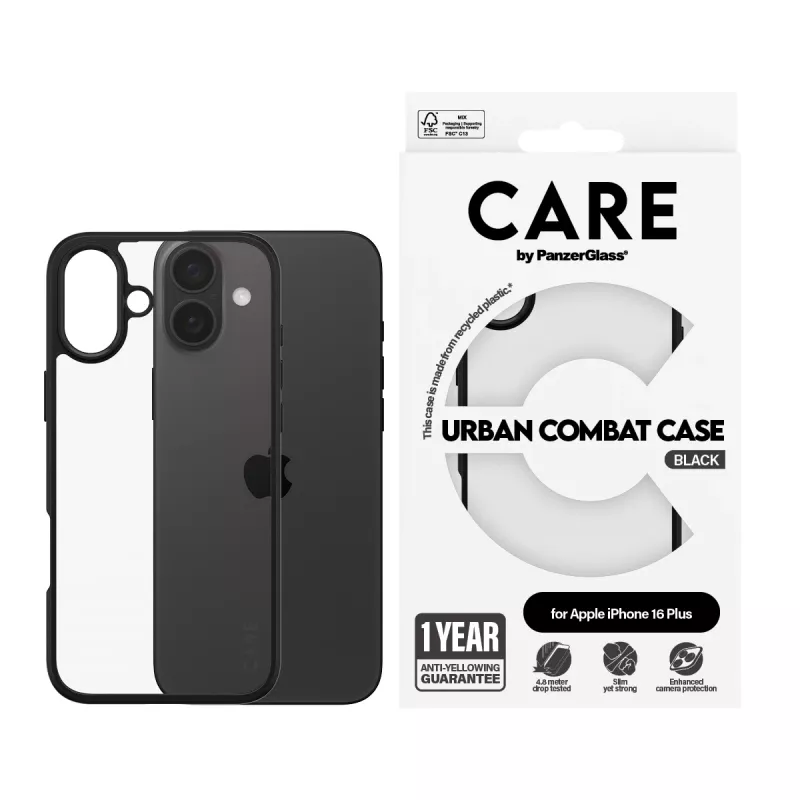 PanzerGlass CARE™ by ® Urban Combat Case transparant met zwarte rand iPhone 16 Plus