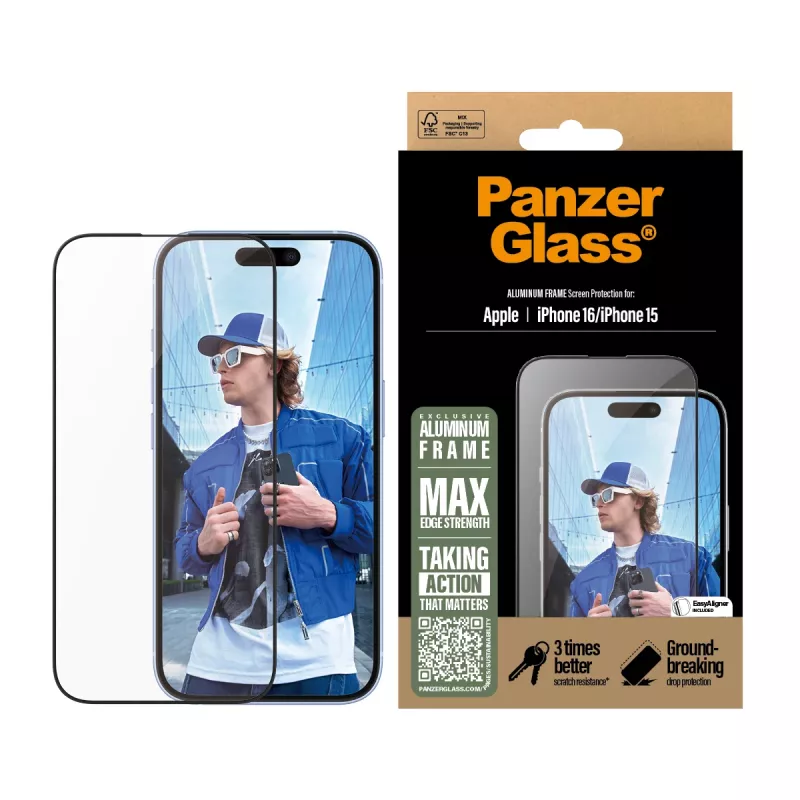 PanzerGlass ® beeldschermbescherming aluminium frame iPhone 16 | 15 | Ultra-Wide Fit
