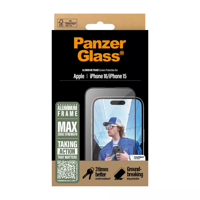PanzerGlass ® beeldschermbescherming aluminium frame iPhone 16 | 15 | Ultra-Wide Fit