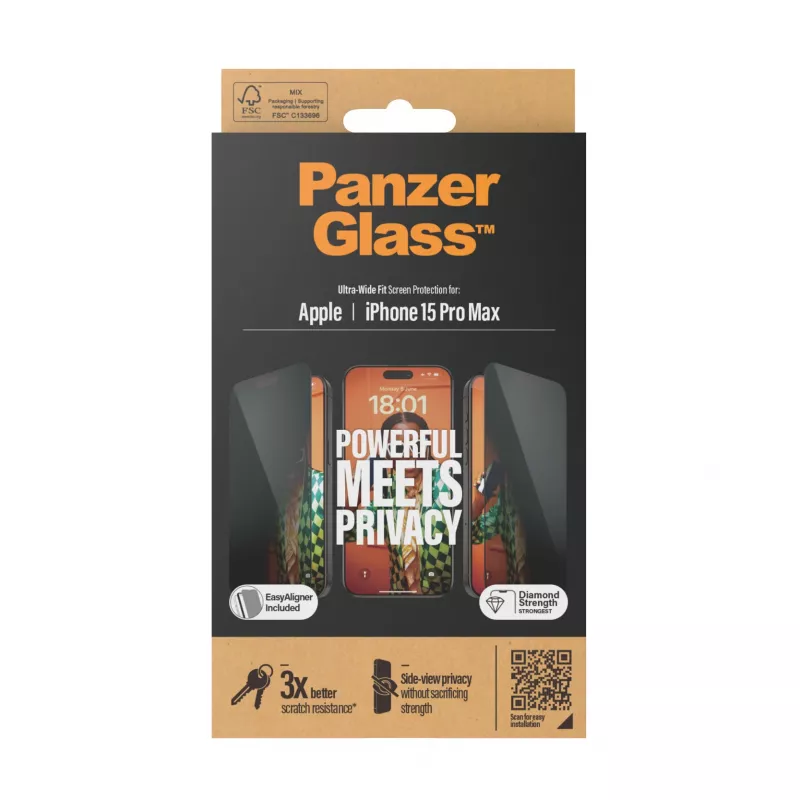 PanzerGlass ® privacy screenprotector iPhone 15 Pro Max | Ultra-Wide Fit met EasyAligner