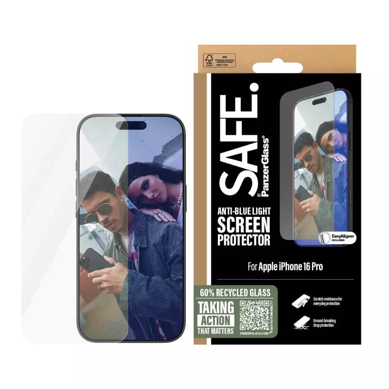 PanzerGlass SAFE. by ® Anti-Blue Light beeldschermbeschermer iPhone 16 Pro | Ultra-Wide Fit