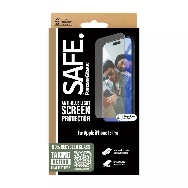 PanzerGlass SAFE. by ® Anti-Blue Light beeldschermbeschermer iPhone 16 Pro | Ultra-Wide Fit