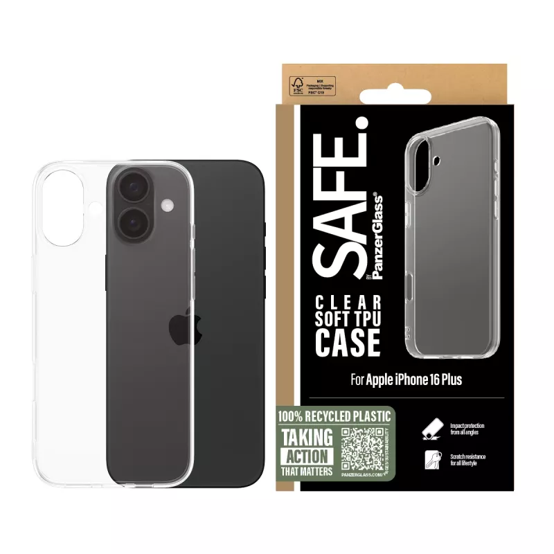 PanzerGlass SAFE. by ® TPU-hoes transparant iPhone 16 Plus, hoes, Apple, Apple - iPhone 16 Plus, transparant