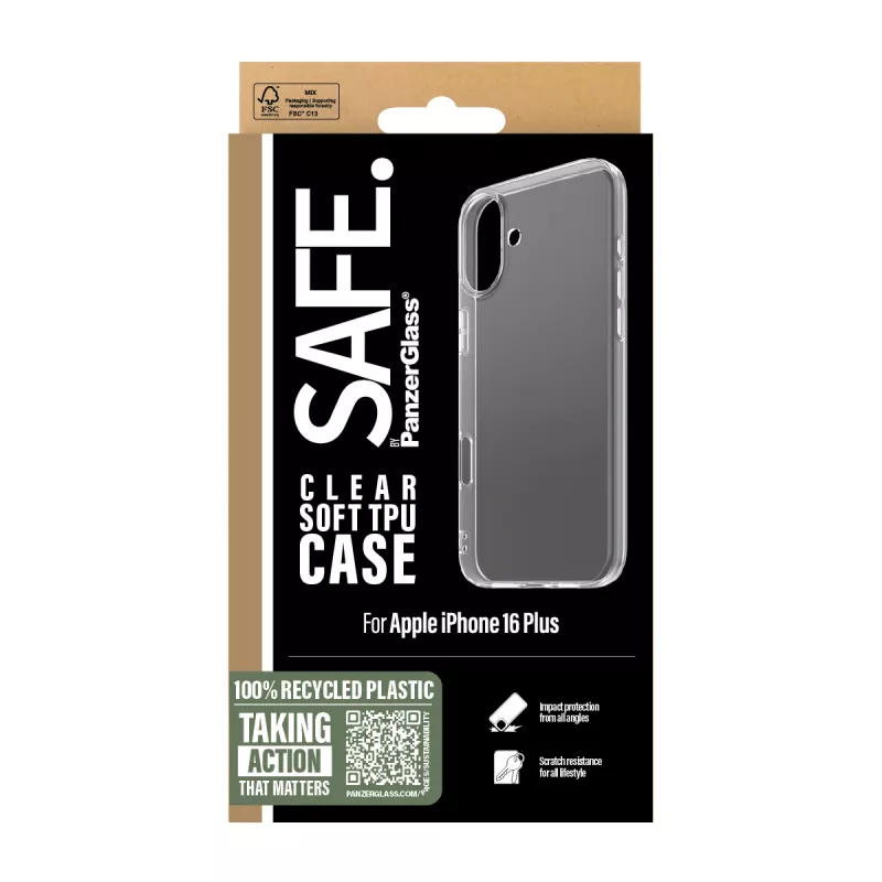 PanzerGlass SAFE. by ® TPU-hoes transparant iPhone 16 Plus, hoes, Apple, Apple - iPhone 16 Plus, transparant
