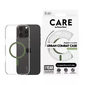PanzerGlass CARE™ by ® Urban Combat Case transparant met groene MagSafe voor iPhone 16 Pro Max