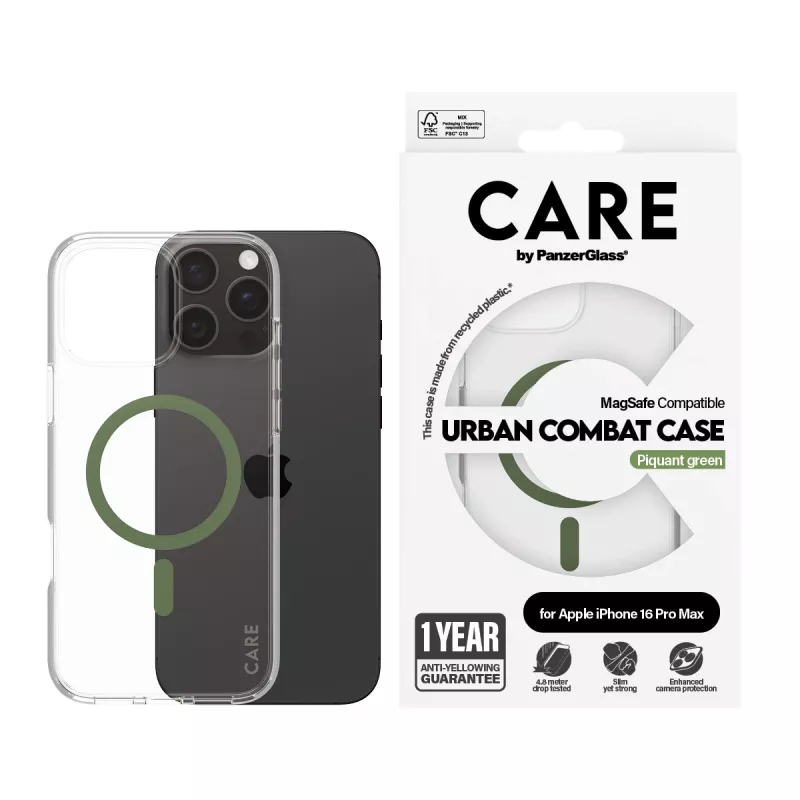 PanzerGlass CARE™ by ® Urban Combat Case transparant met groene MagSafe voor iPhone 16 Pro Max