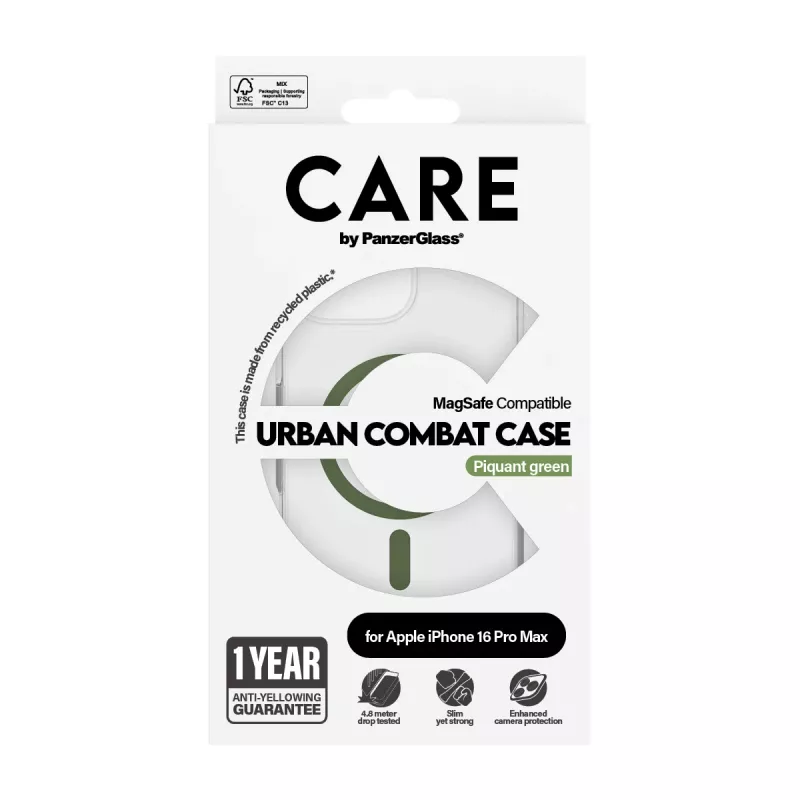 PanzerGlass CARE™ by ® Urban Combat Case transparant met groene MagSafe voor iPhone 16 Pro Max