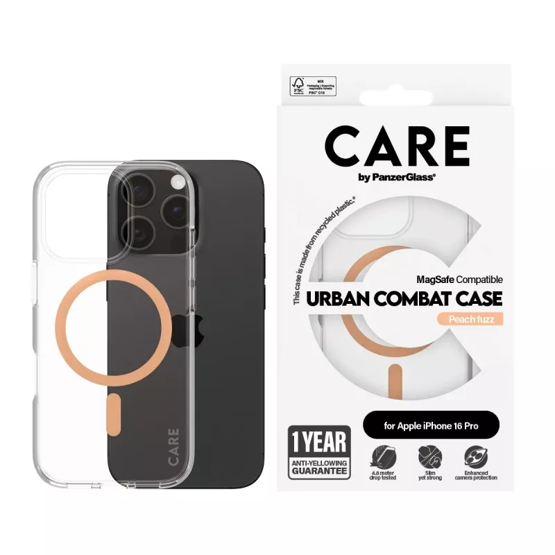PanzerGlass CARE™ by ® Urban Combat Case transparant met Peachy MagSafe iPhone 16 Pro