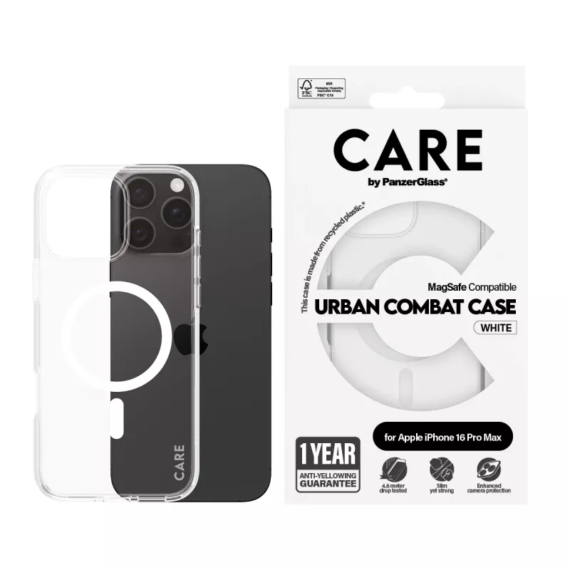 PanzerGlass CARE™ by ® Urban Combat hoes transparant met witte MagSafe voor iPhone 16 Pro Max