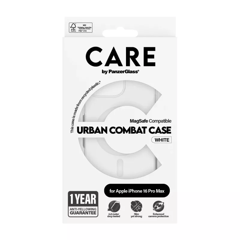 PanzerGlass CARE™ by ® Urban Combat hoes transparant met witte MagSafe voor iPhone 16 Pro Max