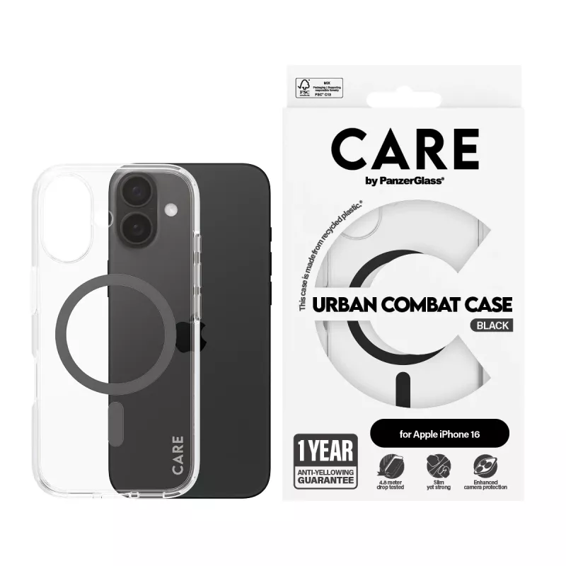 PanzerGlass CARE™ by ® Urban Combat hoes transparant met zwarte MagSafe voor iPhone 16