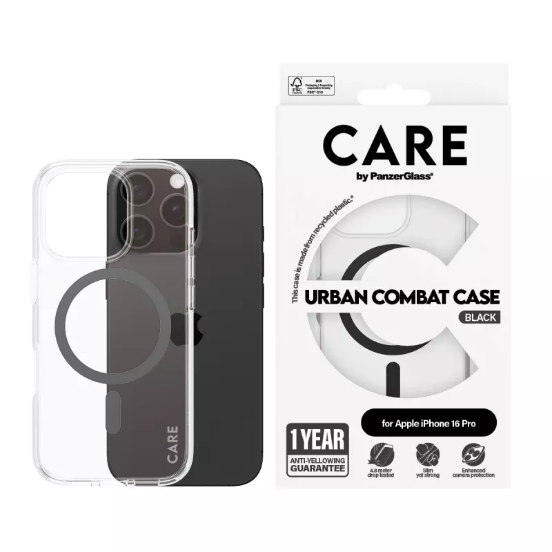 PanzerGlass CARE™ by ® Urban Combat Case transparant met zwart MagSafe iPhone 16 Pro