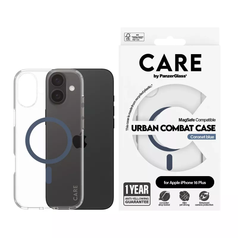 PanzerGlass CARE™ by ® Urban Combat hoesje transparant met blauwe MagSafe iPhone 16 Plus