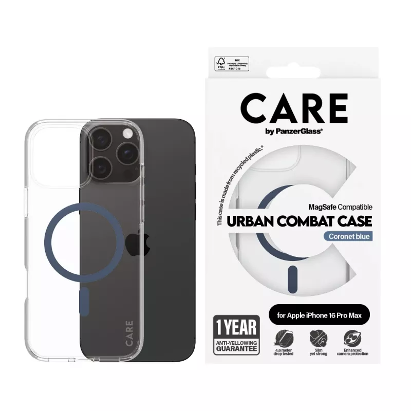 Cover PanzerGlass CARE by Flagship hoesje transparant Urban Combat blauw MagSafe iPhone 16 Pro Max