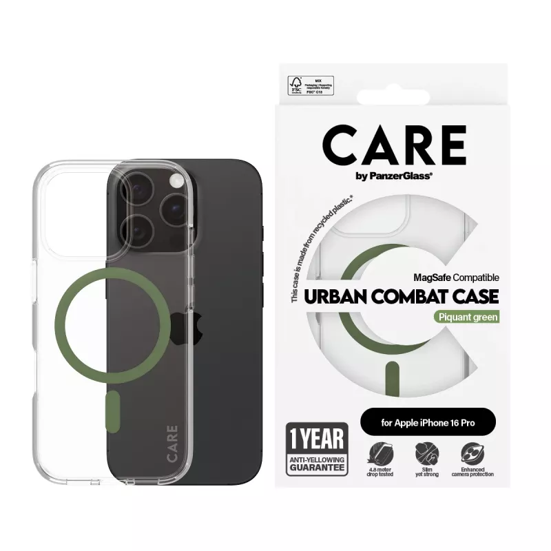 PanzerGlass CARE™ by ® Urban Combat hoesje transparant met groene MagSafe iPhone 16 Pro