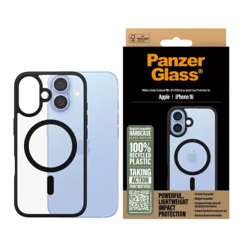 PanzerGlass ® HardCase transparant met zwart MagSafe-frame voor iPhone 16
