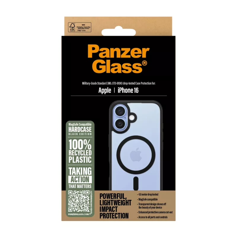 PanzerGlass ® HardCase transparant met zwart MagSafe-frame voor iPhone 16