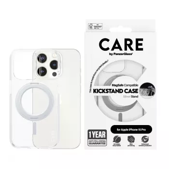 PanzerGlass CARE™ by ® Case transparant met zilveren Kickstand & MagSafe iPhone 15 Pro