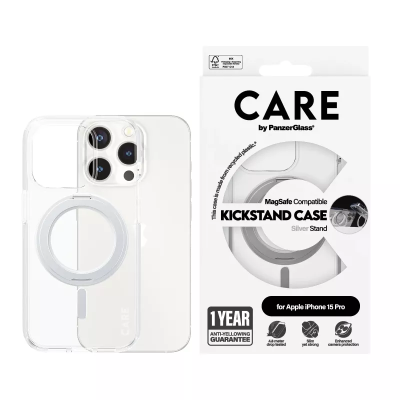 PanzerGlass CARE™ by ® Case transparant met zilveren Kickstand & MagSafe iPhone 15 Pro