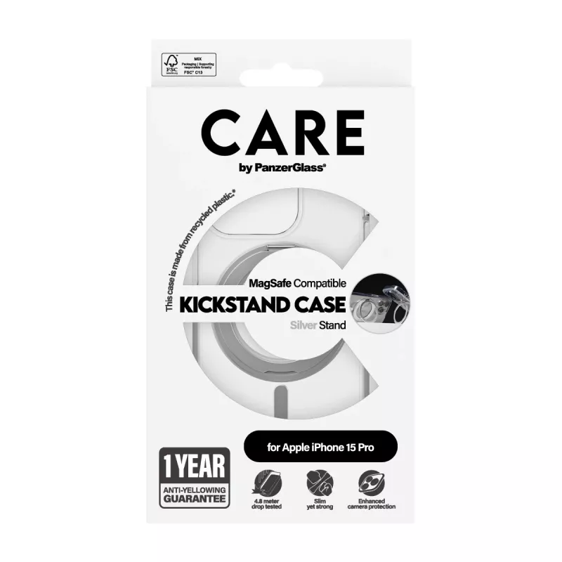 PanzerGlass CARE™ by ® Case transparant met zilveren Kickstand & MagSafe iPhone 15 Pro