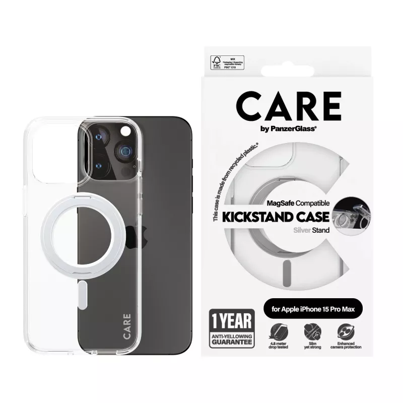 PanzerGlass CARE™ by ® Case transparant met zilveren Kickstand & MagSafe iPhone 15 Pro Max