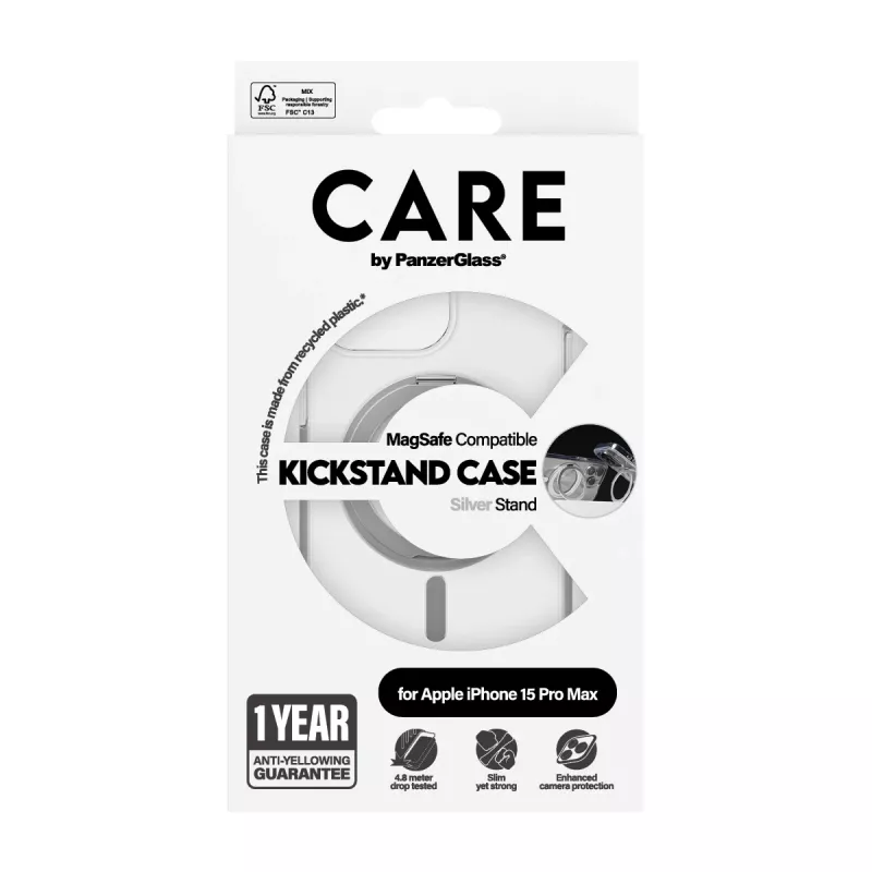PanzerGlass CARE™ by ® Case transparant met zilveren Kickstand & MagSafe iPhone 15 Pro Max