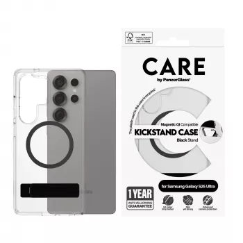 “PanzerGlass CARE™” by ”®” hoesje transparant met zwarte standaard en Qi-compatibel “Samsung Galaxy S25 Ultra”