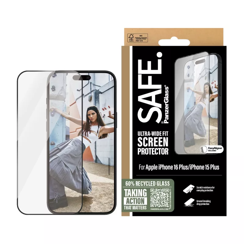 PanzerGlass SAFE. by ® Displayscherm met zwarte rand iPhone 16 Plus | 15 Plus | Ultra-Wide Fit