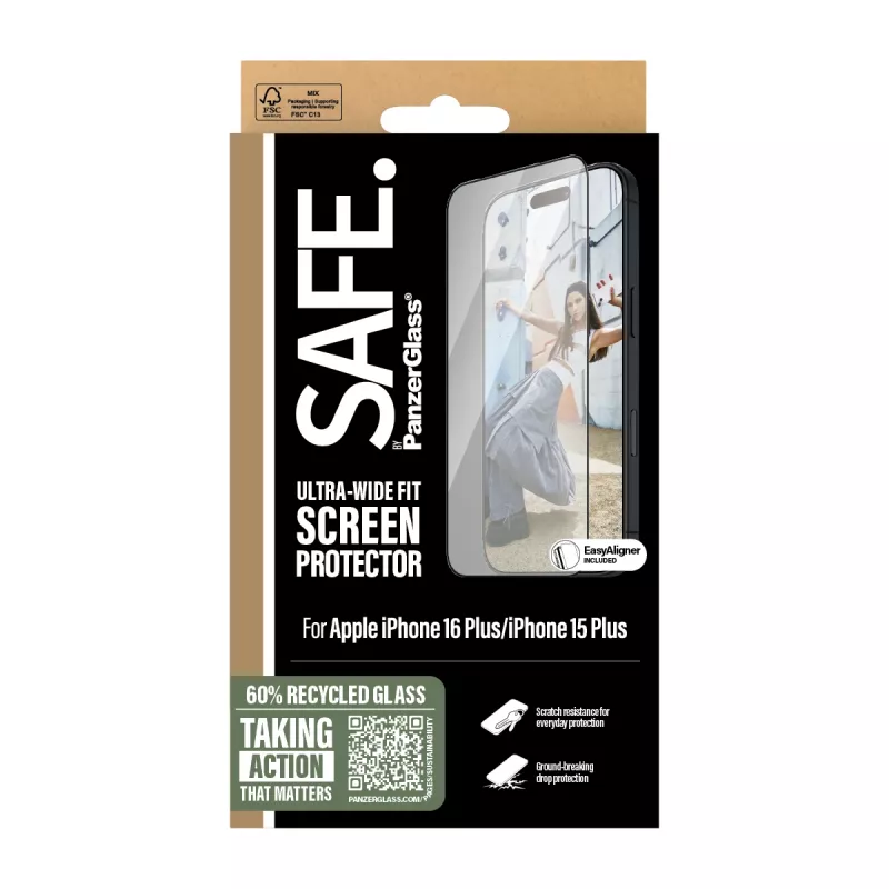 PanzerGlass SAFE. by ® Displayscherm met zwarte rand iPhone 16 Plus | 15 Plus | Ultra-Wide Fit