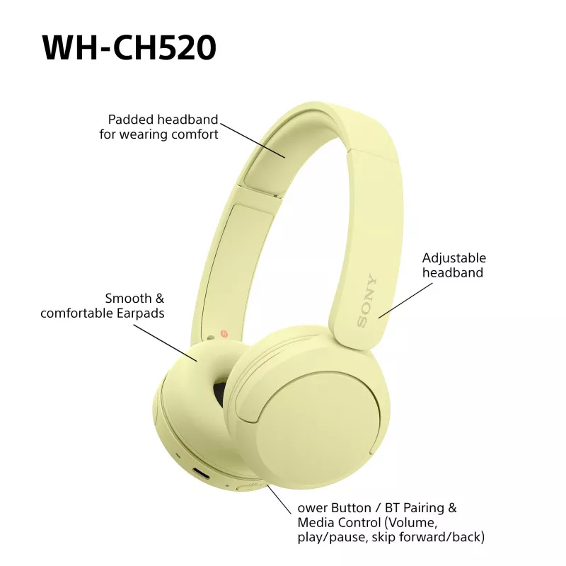 Sony WHCH520Y.CE7, draadloos, bellen/muziek, 20 - 20000 Hz, 147 g, headset, geel