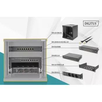DIGITUS 10in netwerkbundel - 6HE-kast zwart legbord PDU 8-poorts switch CAT6 patchpaneel