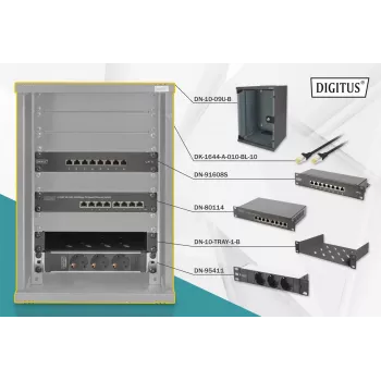 DIGITUS 10in netwerkbundel incl. 9U kast zwart legbord PDU 8-poorts switch CAT6 patchpaneel