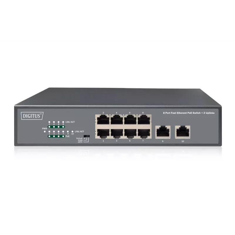 DIGITUS Fast Ethernet PoE af/at 8-poorts switch + 2 uplinks 120W PoE-budget, rackmontage