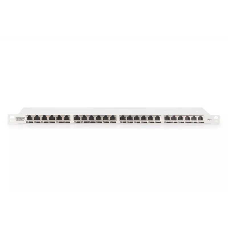 DIGITUS patchpanel CAT6A EA afgeschermd, 24-poorts RJ45 stofbescherming, 8P8C, 0,5U, grijs RAL 7035