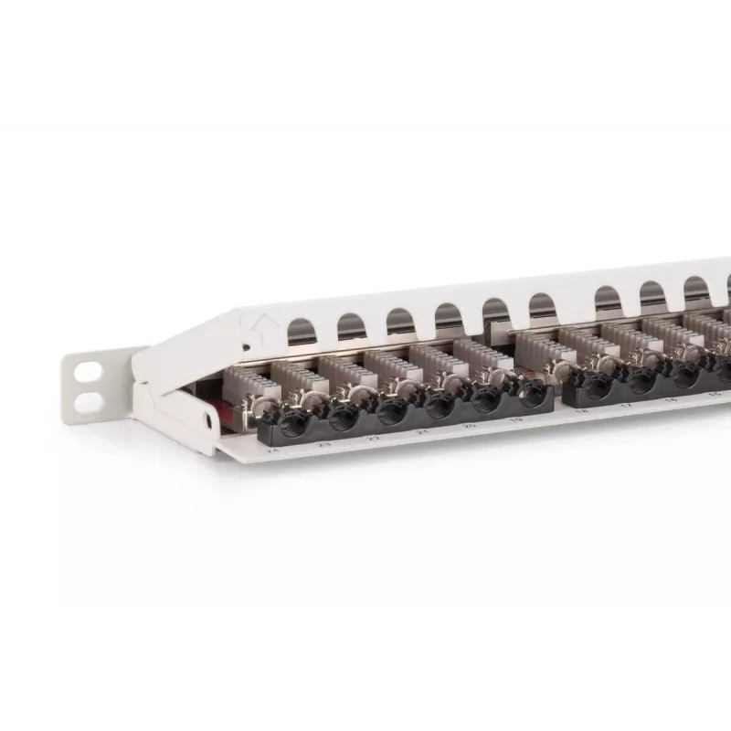 DIGITUS patchpanel CAT6A EA afgeschermd, 24-poorts RJ45 stofbescherming, 8P8C, 0,5U, grijs RAL 7035