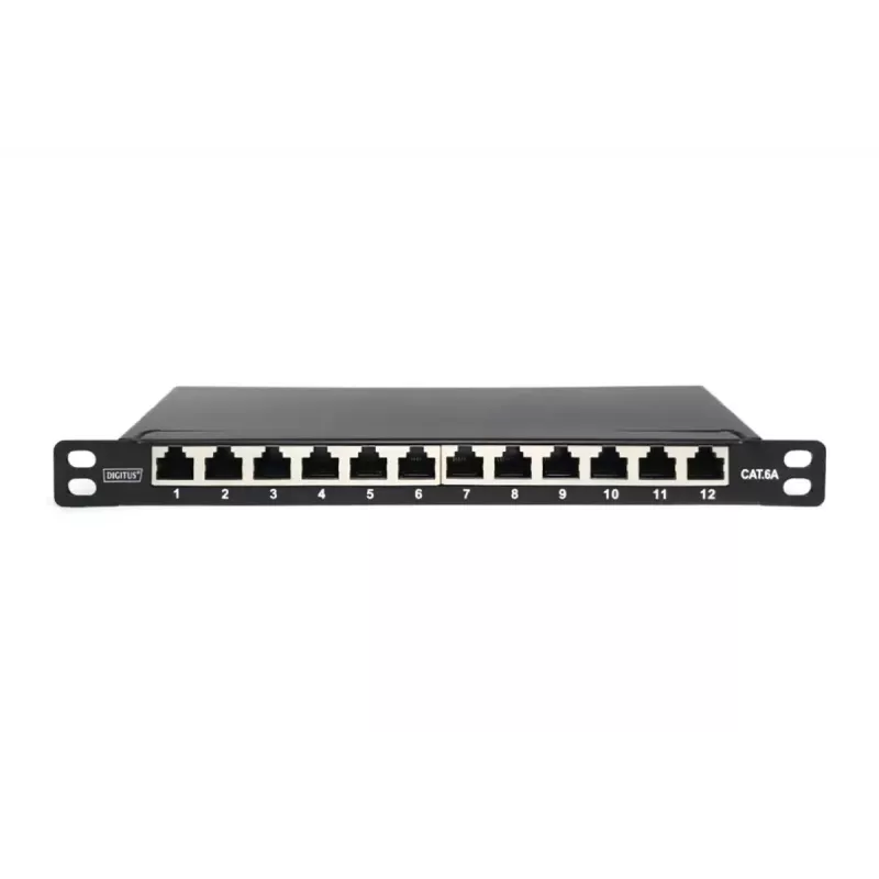 DIGITUS CAT6A patchpanel, afgeschermd, 12-poorts, 1/2U, 10 inch rackinbouw, zwart RAL 9005