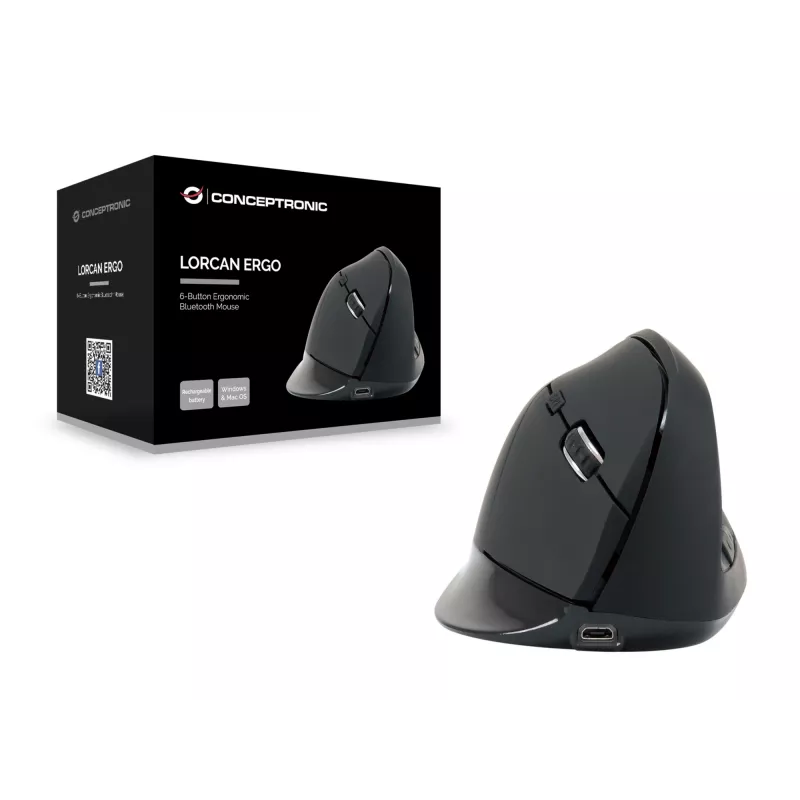 Conceptronic LORCAN ERGO 6-toetsen ergonomische Bluetooth-muis, rechtshandig, verticaal ontwerp, optisch, Bluetooth, 1600 DPI, zwart