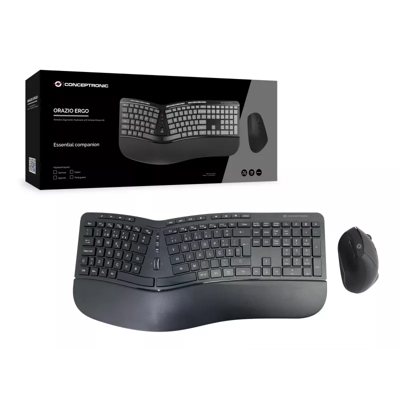 Conceptronic ORAZIO ERGO draadloze ergonomische toetsenbord- en muisset, Portugese layout