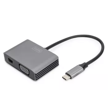 DIGITUS USB-C - mini DP + VGA-adapter, 20 cm 4K/30Hz, Zilver, aluminium behuizing