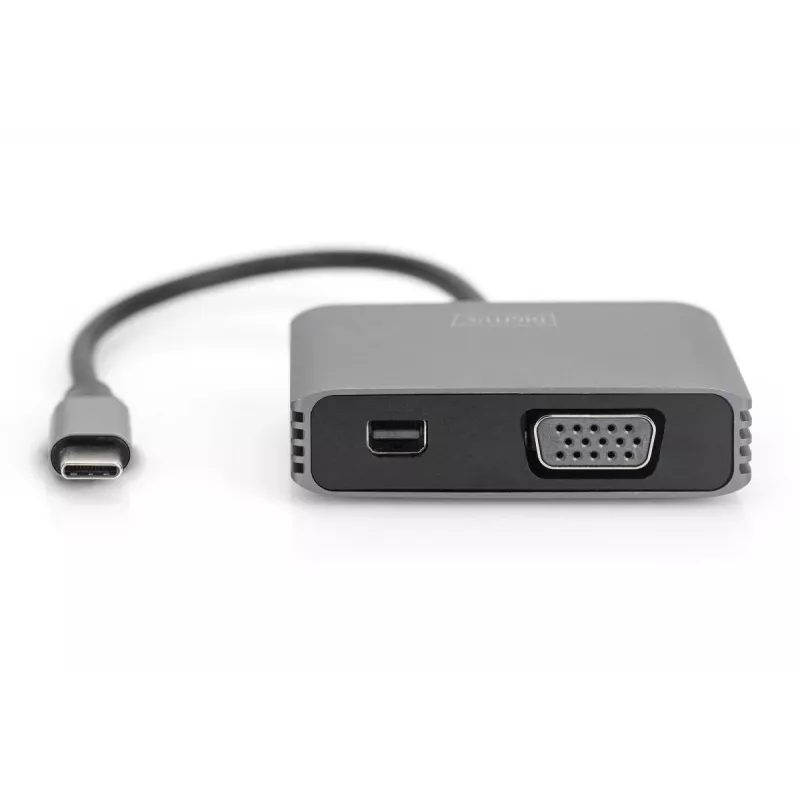 DIGITUS USB-C - mini DP + VGA-adapter, 20 cm 4K/30Hz, Zilver, aluminium behuizing