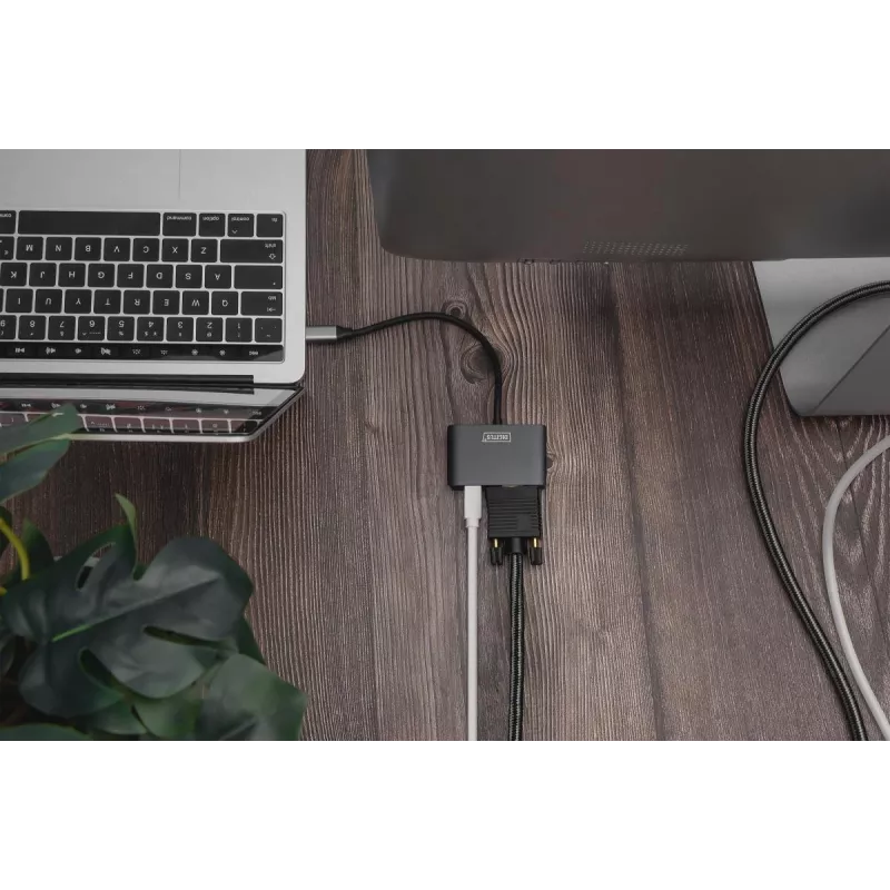 DIGITUS USB-C - mini DP + VGA-adapter, 20 cm 4K/30Hz, Zilver, aluminium behuizing
