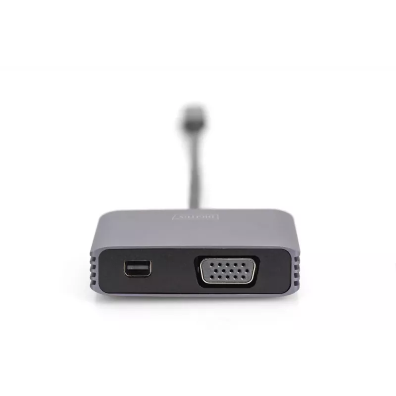 DIGITUS USB-C - mini DP + VGA-adapter, 20 cm 4K/30Hz, Zilver, aluminium behuizing