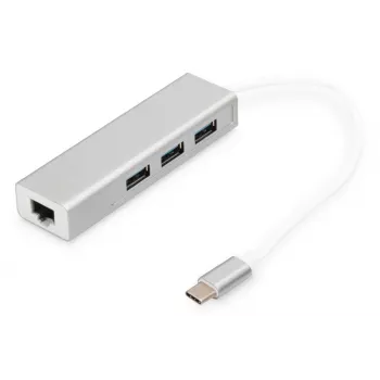 DIGITUS 3-poorts USB 3.0 Type C Hub met Gigabit Ethernet 3x USB A/F,1xUSB C/M,1x RJ45 LAN