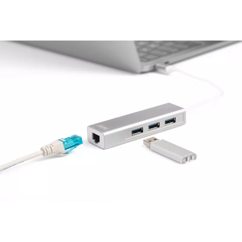 DIGITUS 3-poorts USB 3.0 Type C Hub met Gigabit Ethernet 3x USB A/F,1xUSB C/M,1x RJ45 LAN