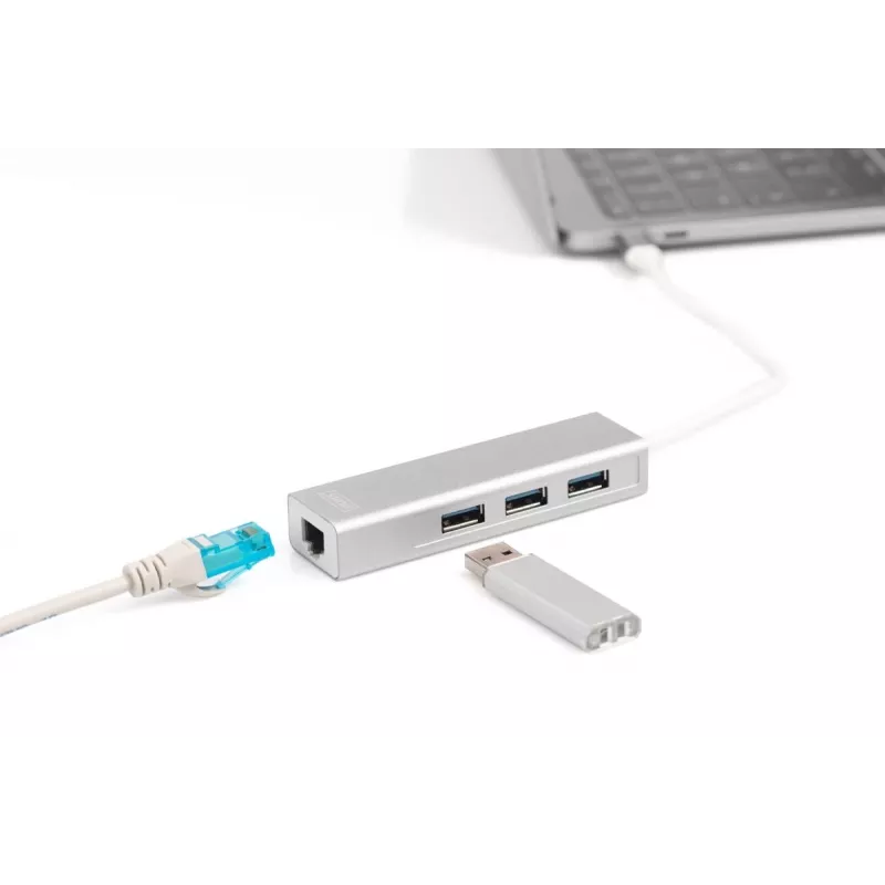 DIGITUS 3-poorts USB 3.0 Type C Hub met Gigabit Ethernet 3x USB A/F,1xUSB C/M,1x RJ45 LAN