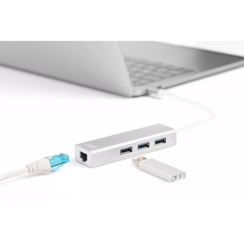 DIGITUS 3-poorts USB 3.0 Type C Hub met Gigabit Ethernet 3x USB A/F,1xUSB C/M,1x RJ45 LAN