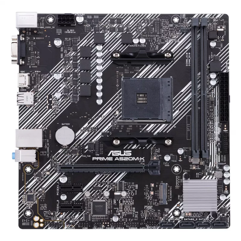 Moederbord ASUS PRIME A520M-K, AMD A520-chipset, socket AM4, micro ATX, 2x DDR4, 64 GB, 1x M.2, 4x SATA III, HDMI 2.1